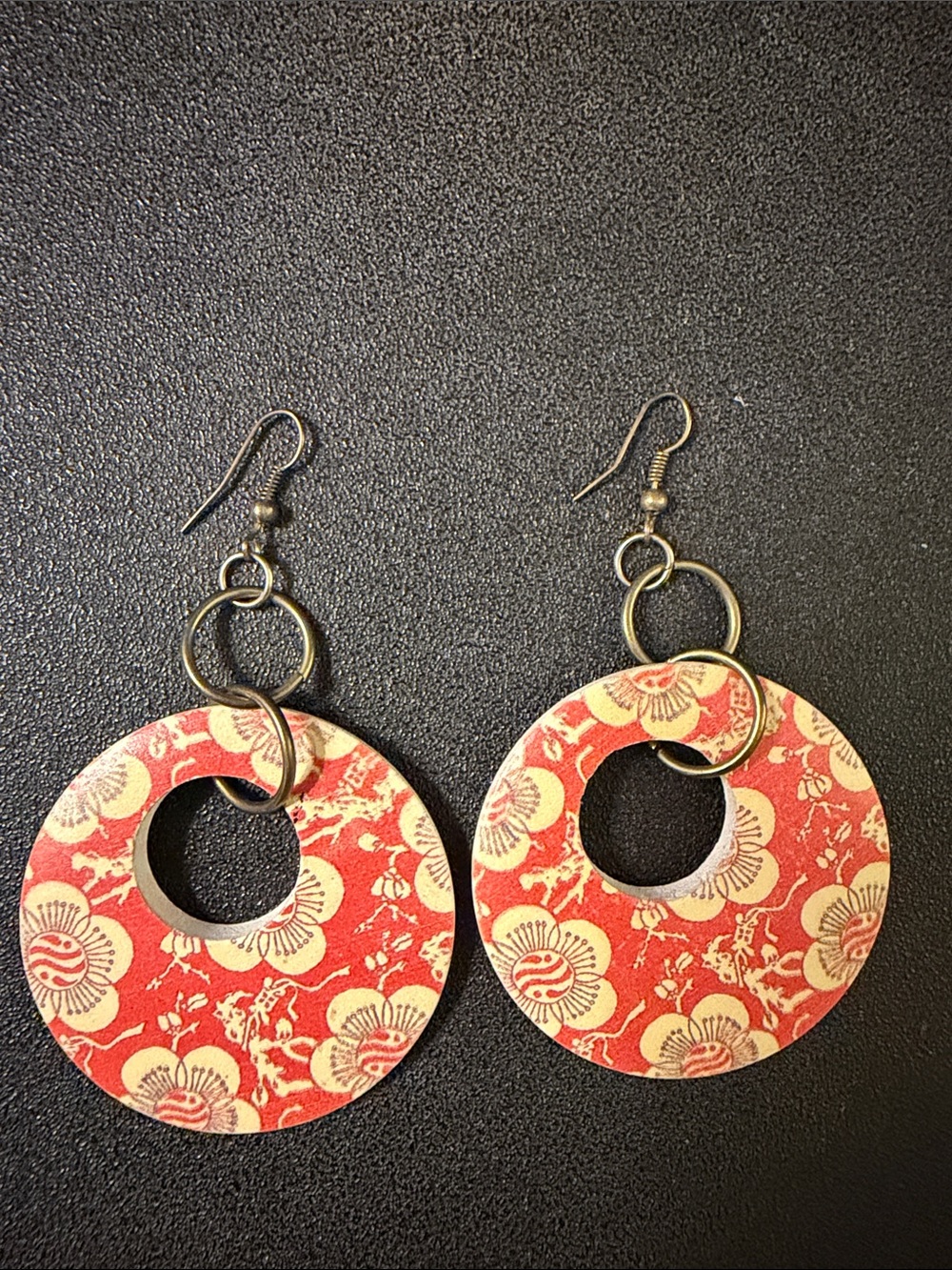 Red Floral Wood Hoop Drop Earrings with Metal Rings